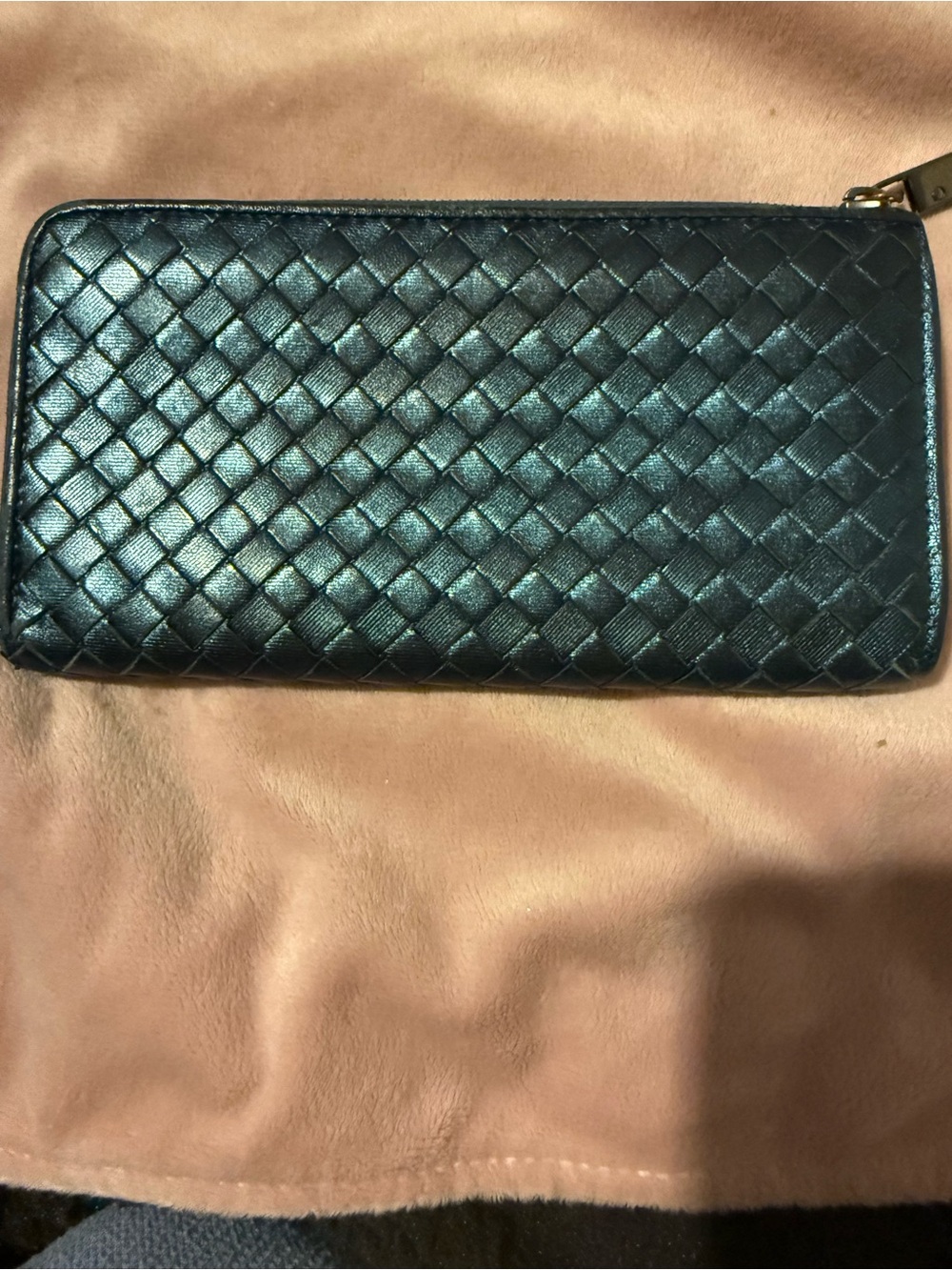 Authentic Bottega Veneta Shimmery Blue Woven Zip Wallet